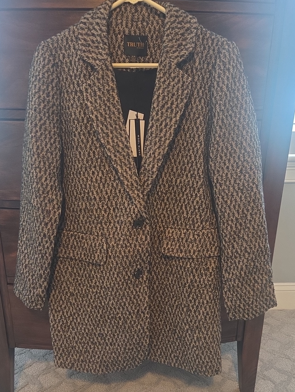 Truth By Republic Brown & Cream Herringbone Wool Blend Pea Coat NWT